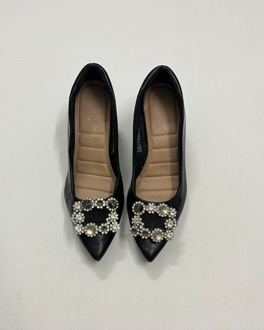 Black Crystal Brooch Pointed Pumps, EU38