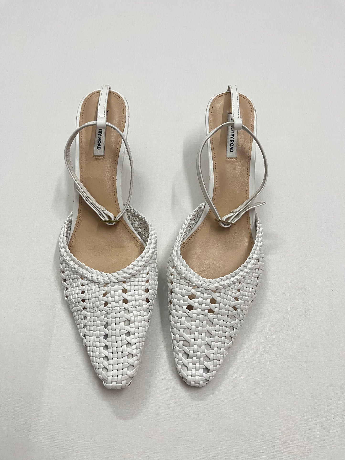 White Woven Leather Ankle-Strap Stiletto Pumps, EU41