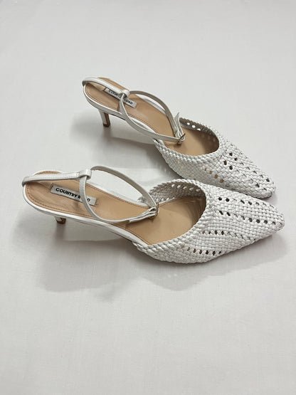 White Woven Leather Ankle-Strap Stiletto Pumps, EU41