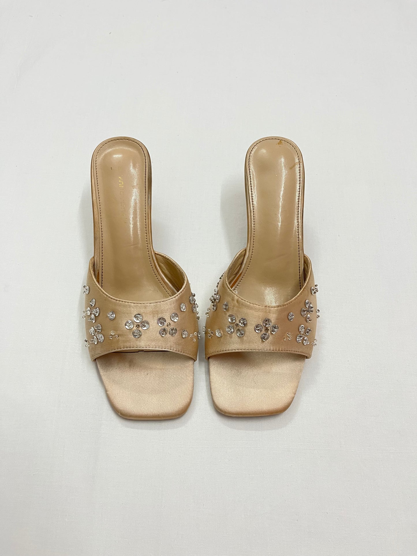 Champagne Satin Rhinestone Kitten Heels, EU39