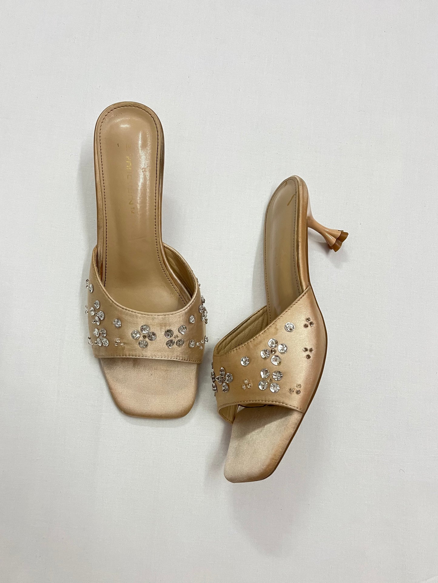 Champagne Satin Rhinestone Kitten Heels, EU39