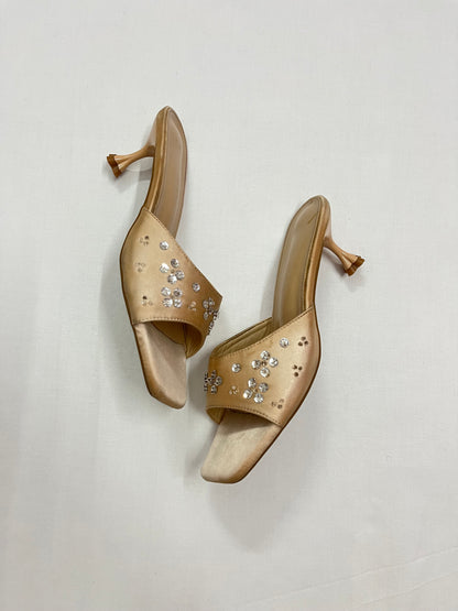Champagne Satin Rhinestone Kitten Heels, EU39