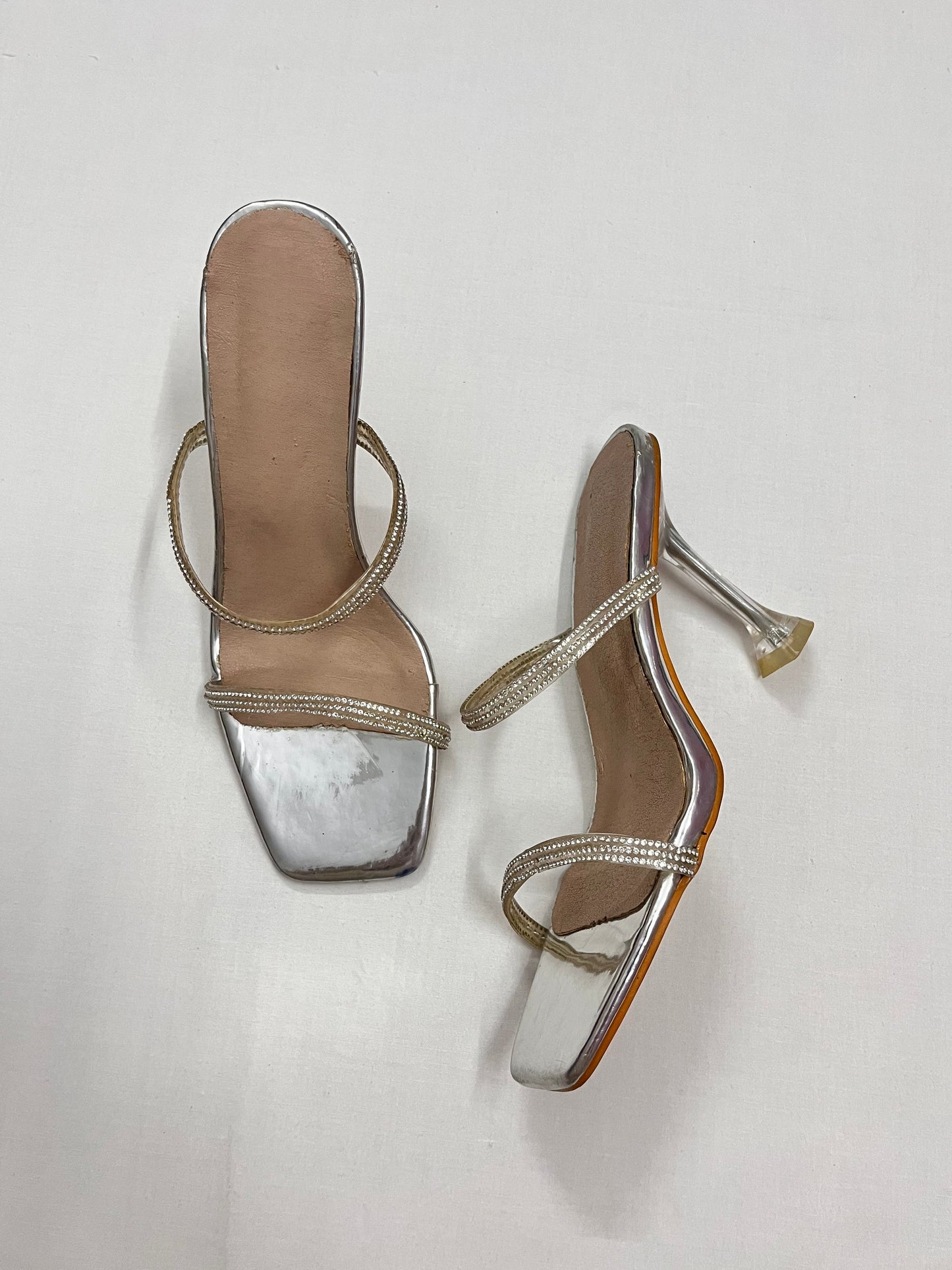 Silver Crystal Strappy Acrylic Heels, EU40
