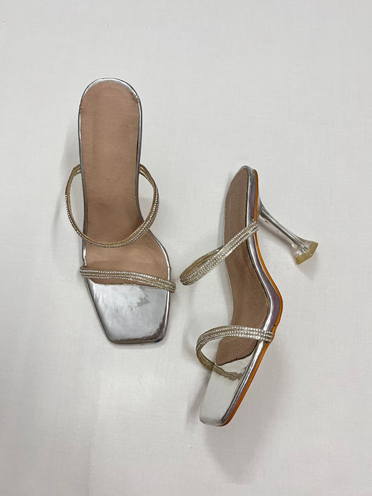 Silver Crystal Strappy Acrylic Heels, EU40