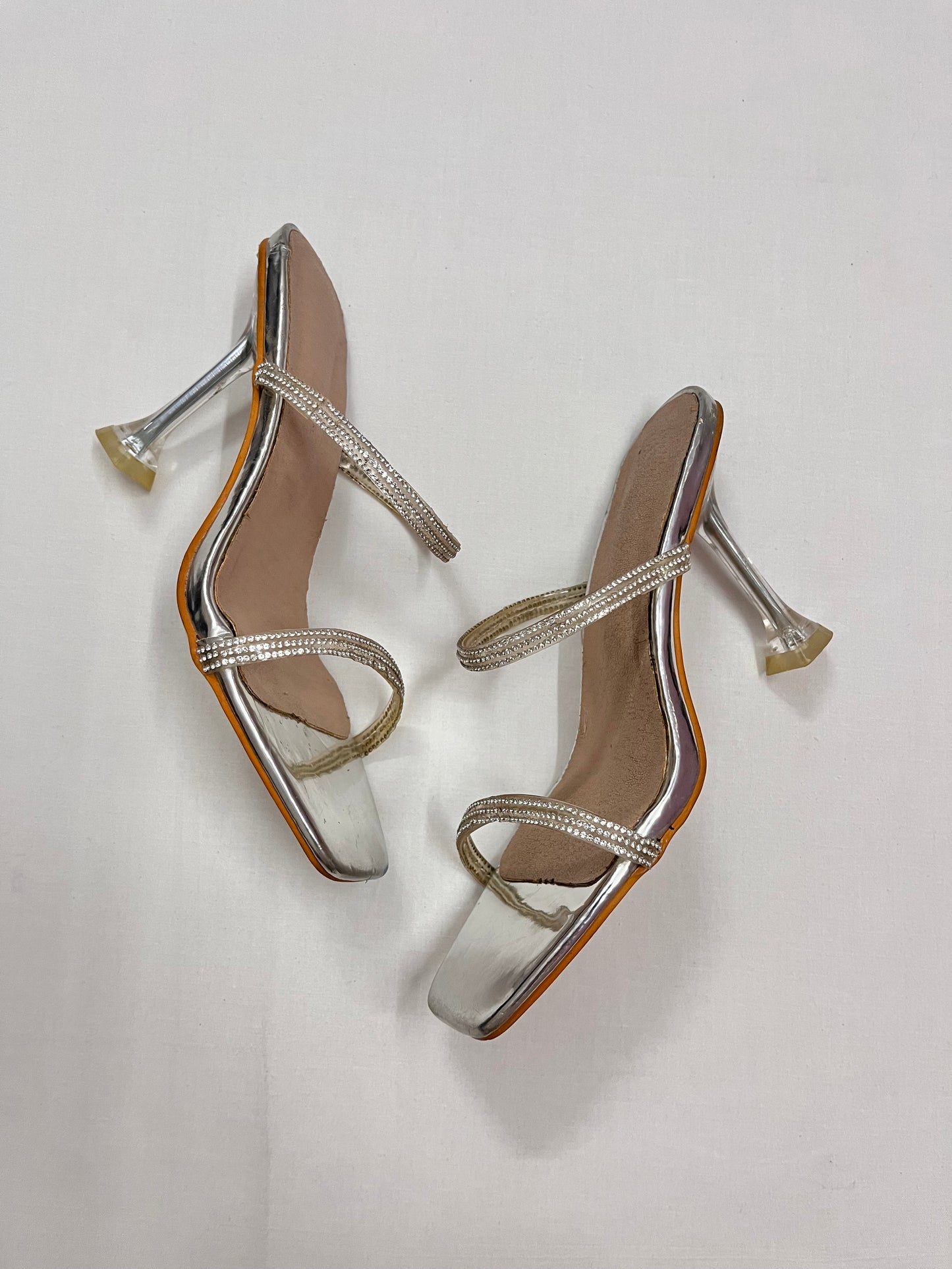 Silver Crystal Strappy Acrylic Heels, EU40