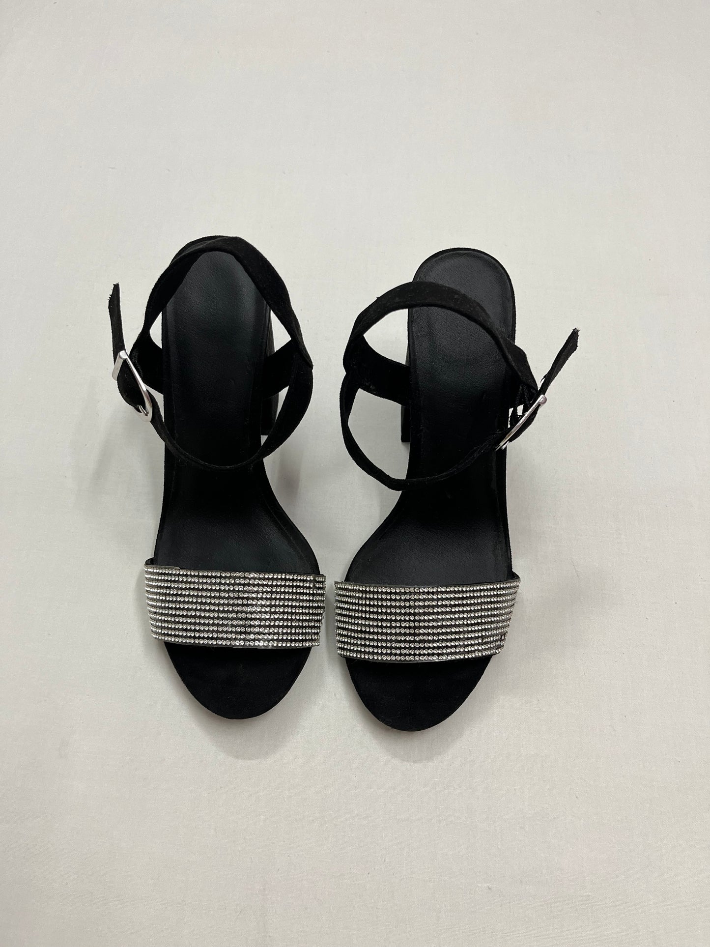 Black Rhinestone Strap Block Heels, EU38