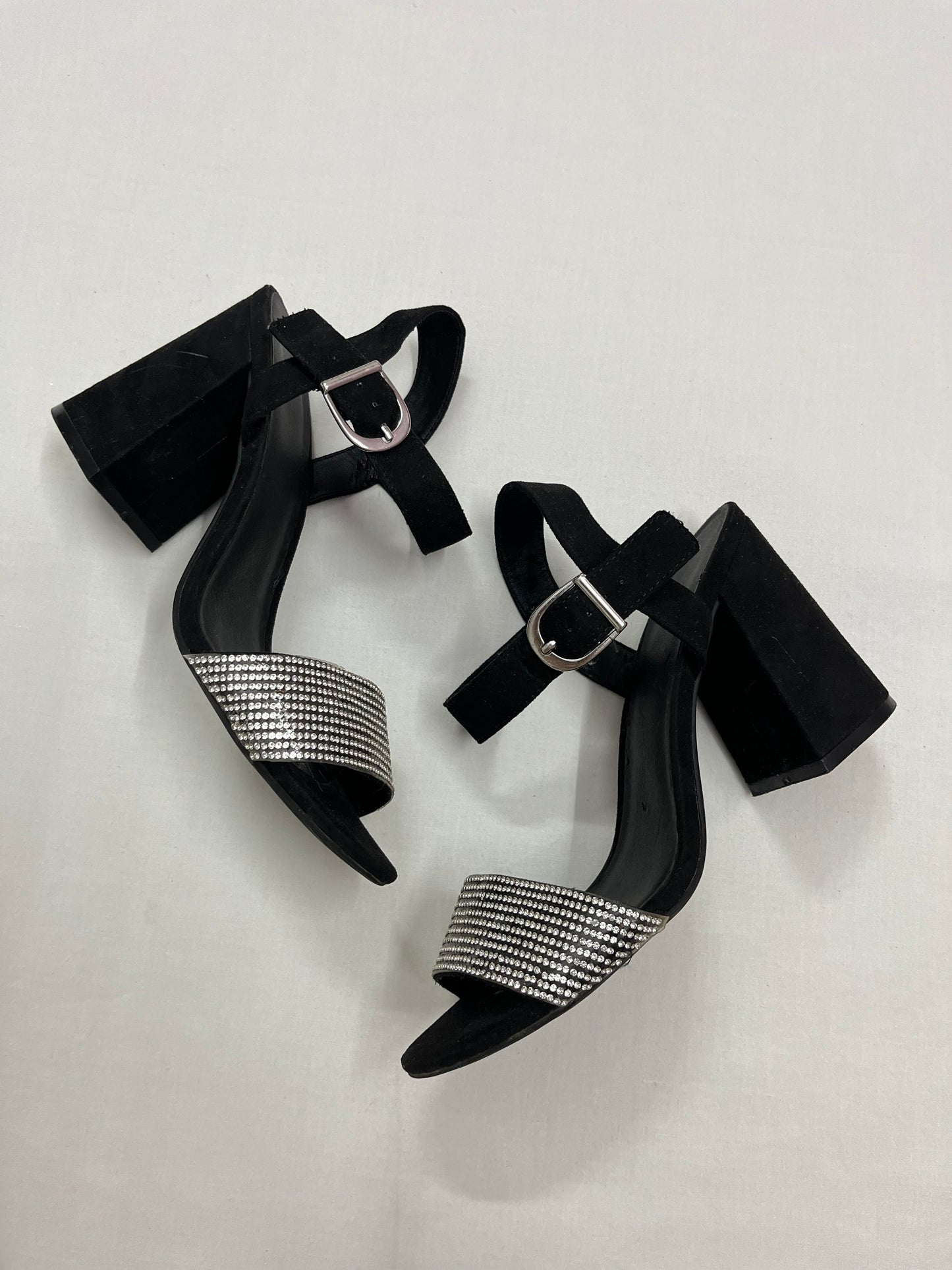 Black Rhinestone Strap Block Heels, EU38