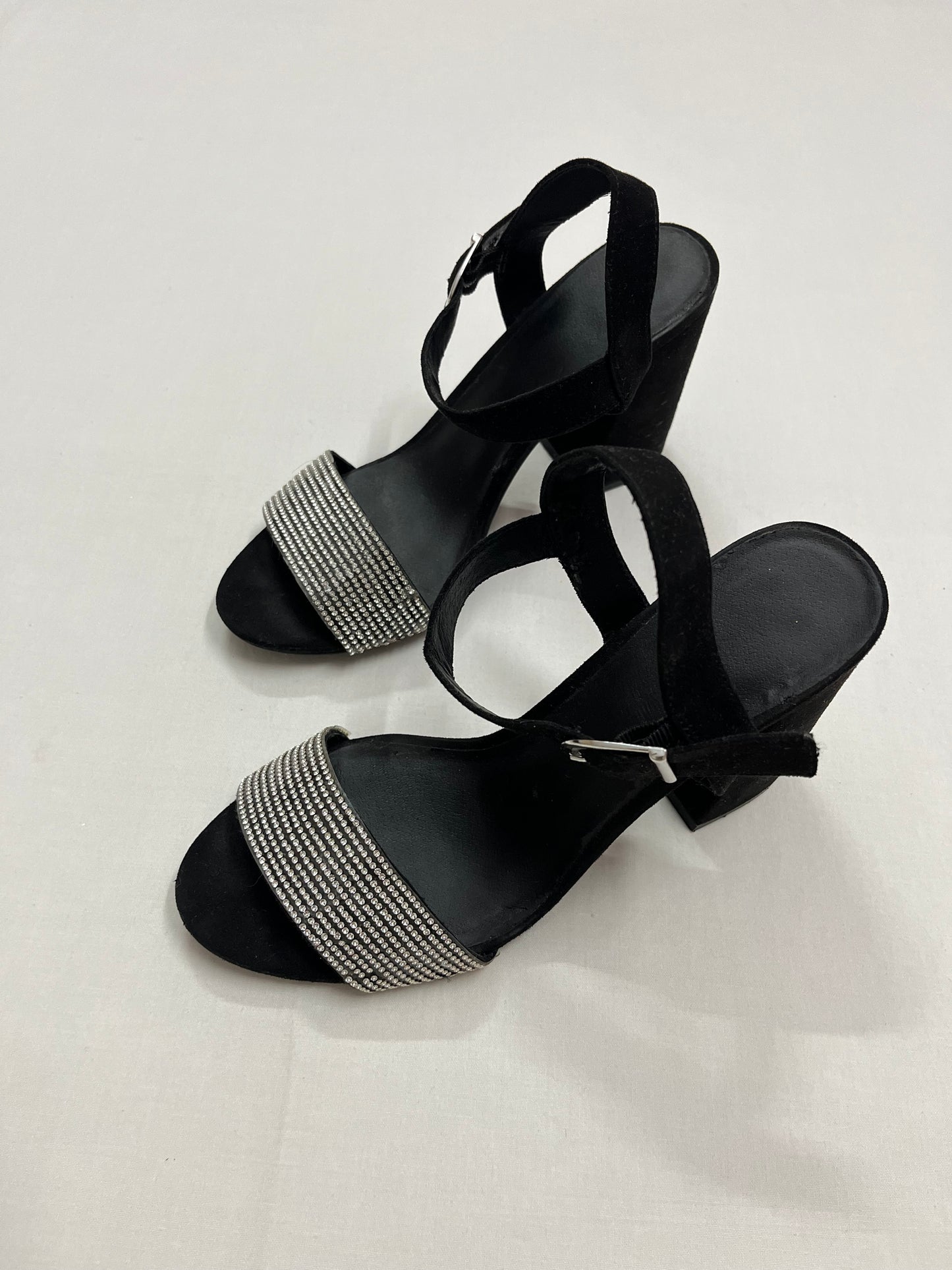 Black Rhinestone Strap Block Heels, EU38