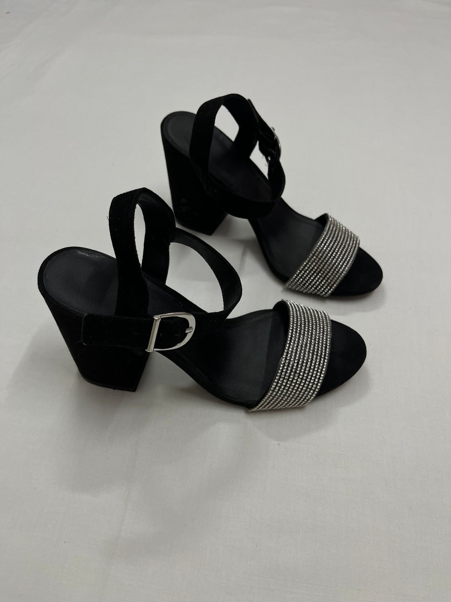 Black Rhinestone Strap Block Heels, EU38