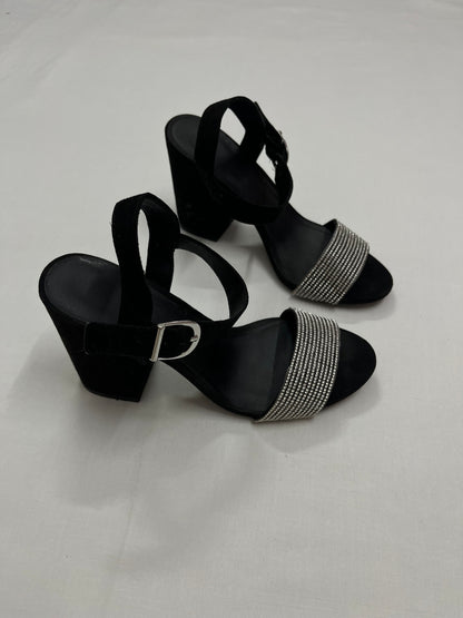 Black Rhinestone Strap Block Heels, EU38