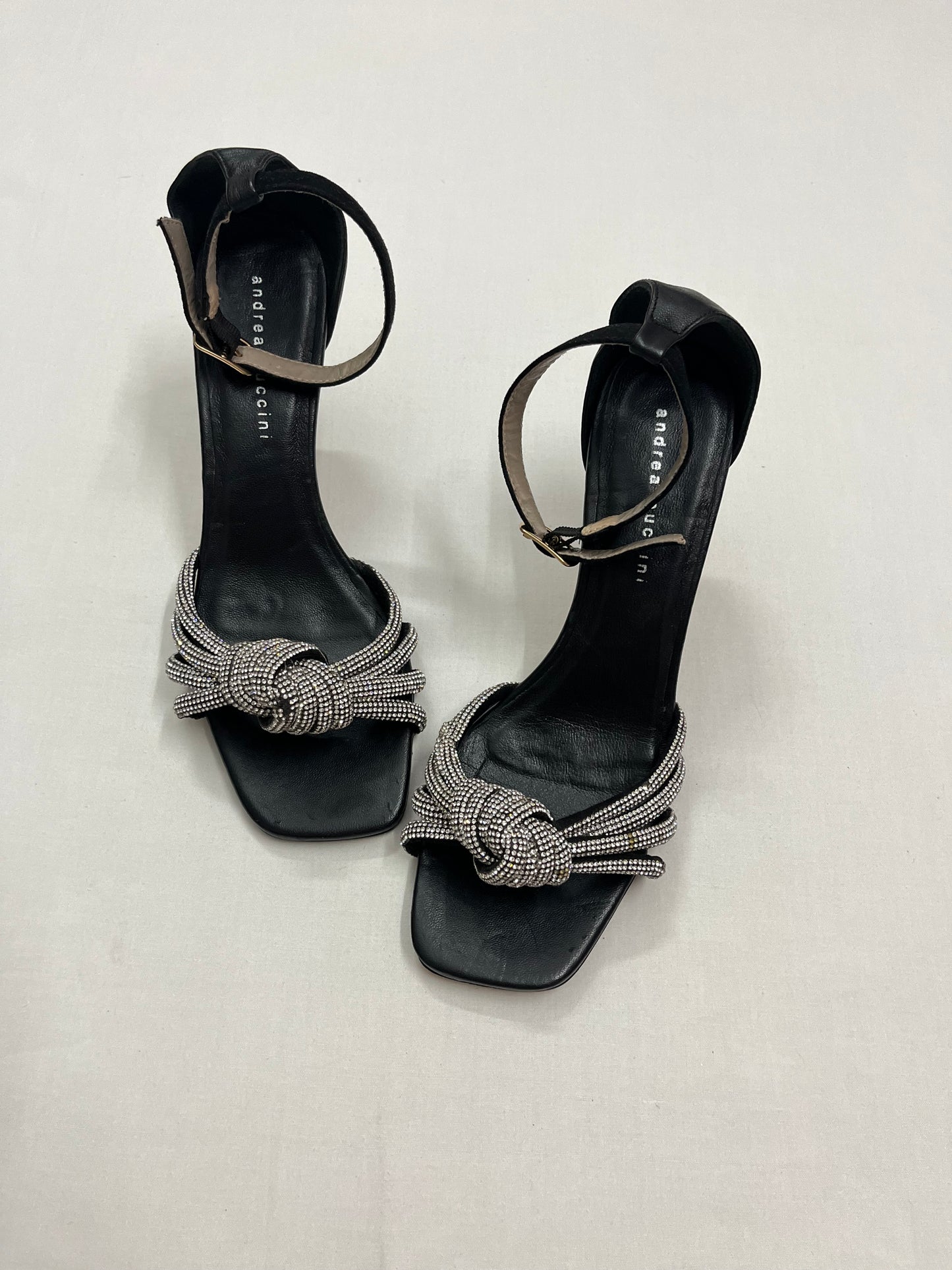 Black Crystal Knotted Strap Heels, EU40