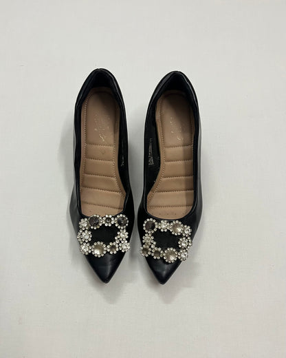 Black Crystal Brooch Pointed Pumps, EU38