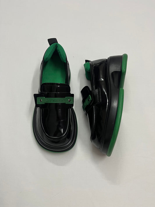 Black & Green Sculpted Platform Loafers, EU36