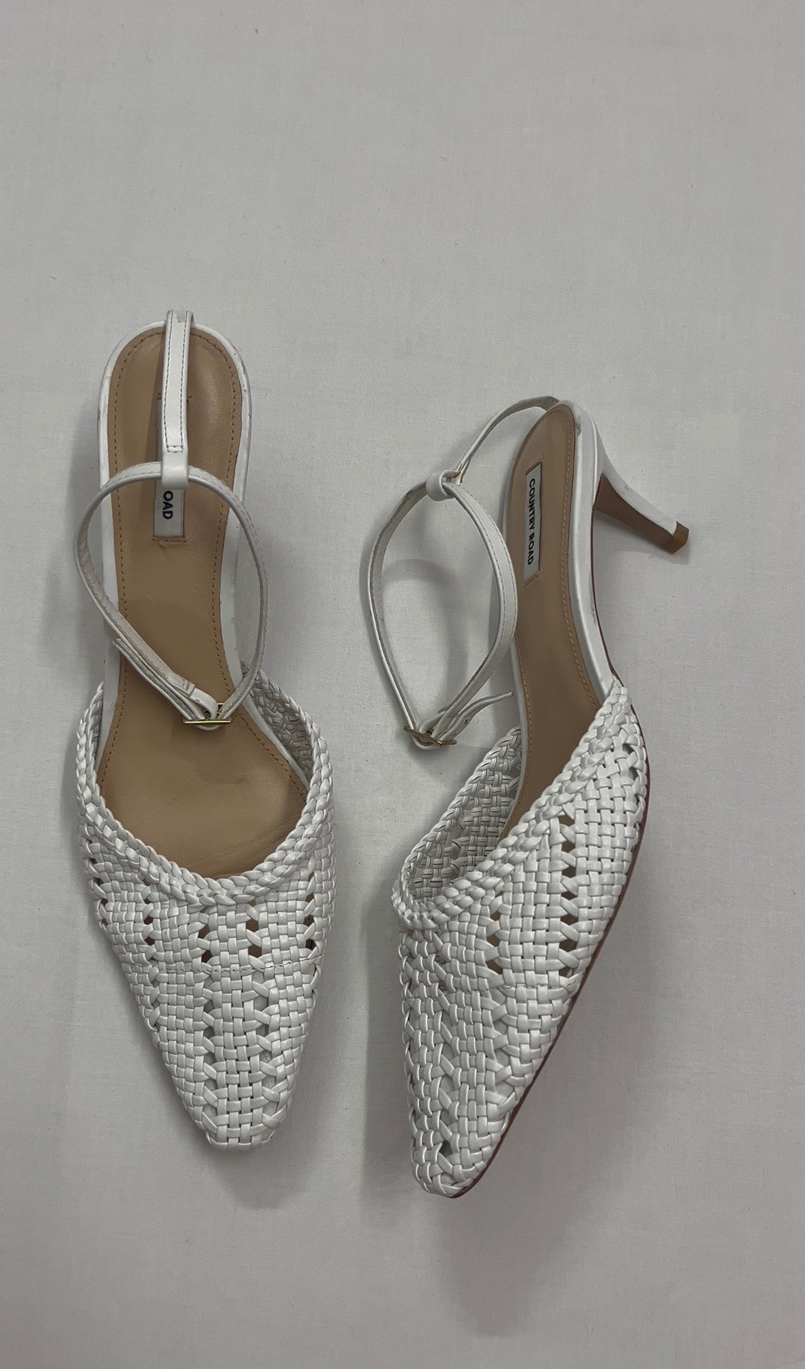 White Woven Leather Ankle-Strap Stiletto Pumps, EU41