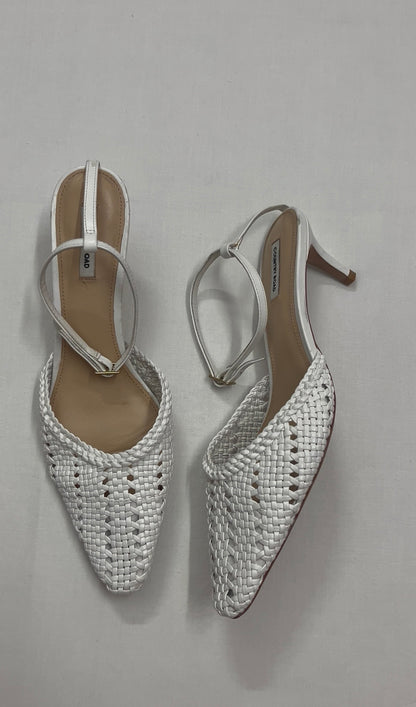 White Woven Leather Ankle-Strap Stiletto Pumps, EU41