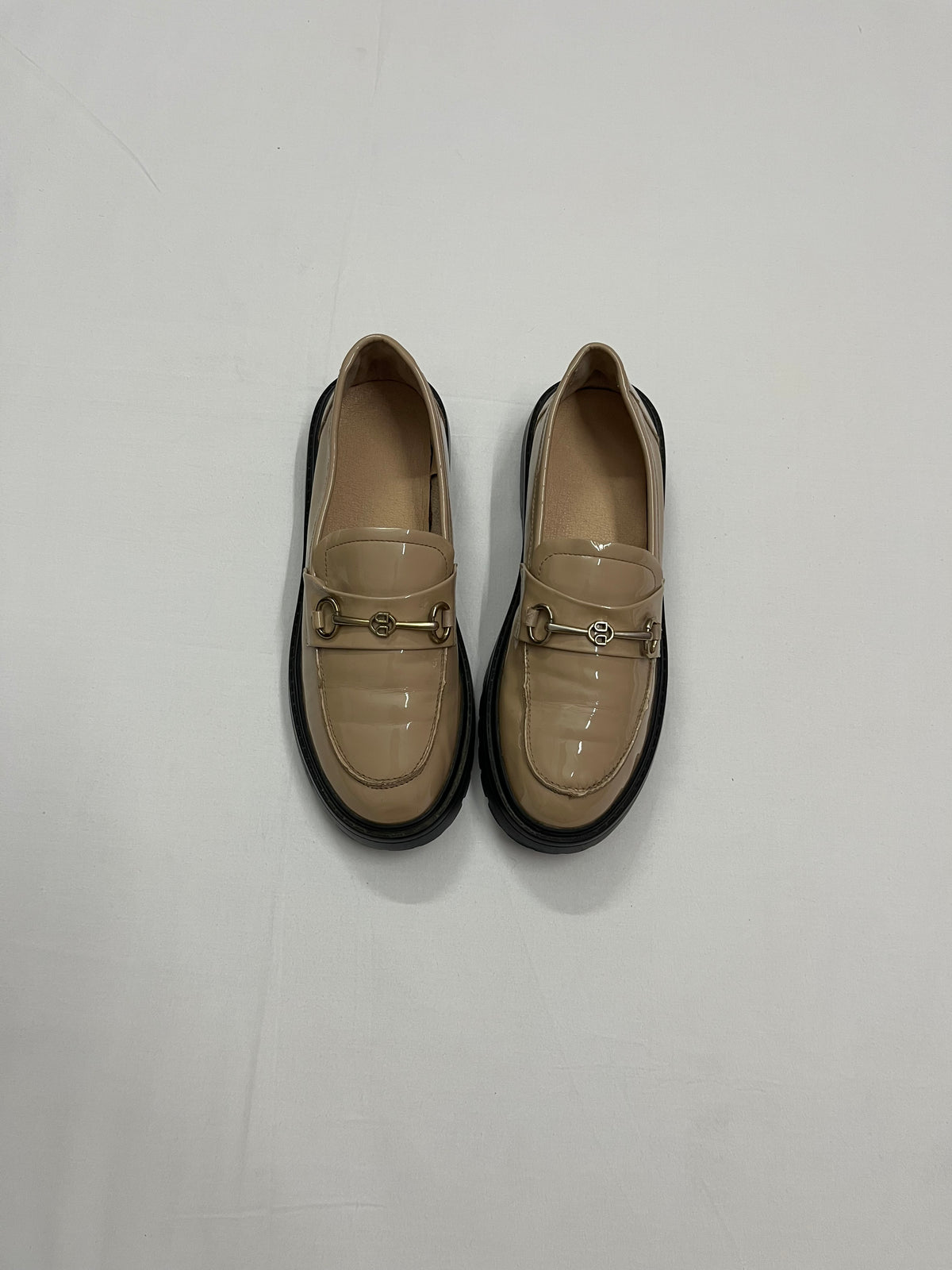 Beige Patent Horsebit Loafers, EU38
