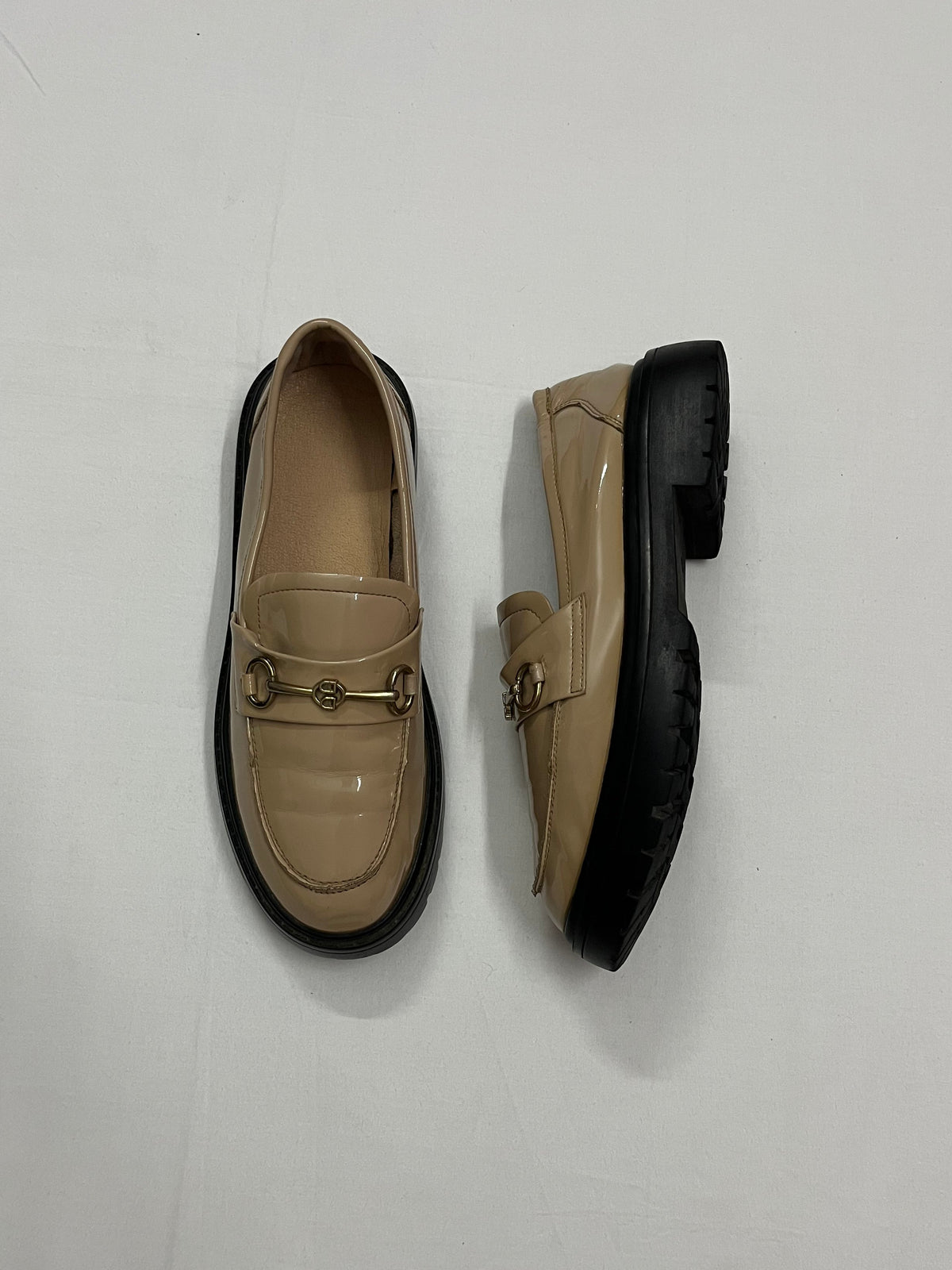 Beige Patent Horsebit Loafers, EU38