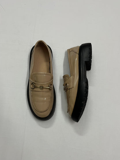 Beige Patent Horsebit Loafers, EU38