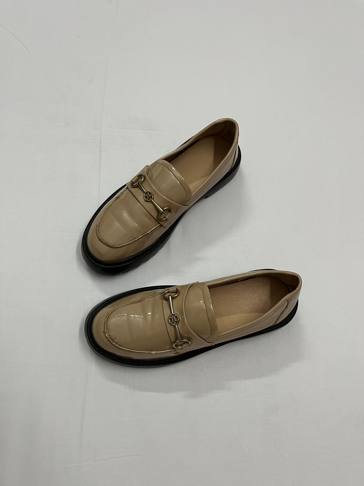 Beige Patent Horsebit Loafers, EU38