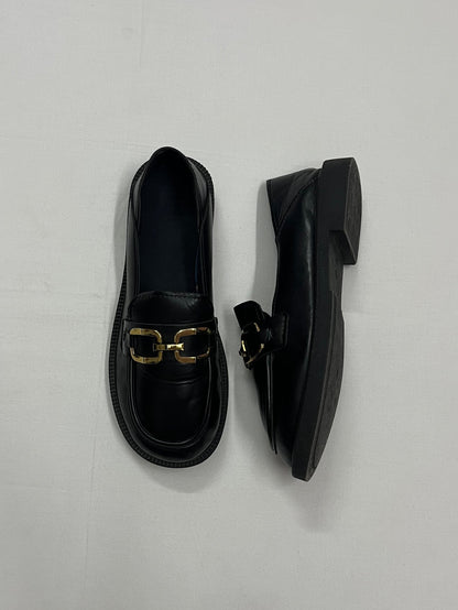 Gold Chain Matte Leather Loafers, EU39