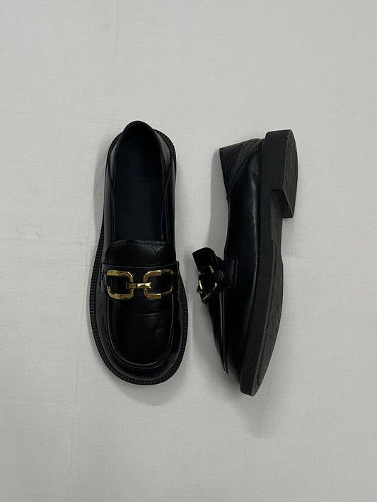 Gold Chain Matte Leather Loafers, EU39