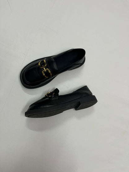 Gold Chain Matte Leather Loafers, EU39